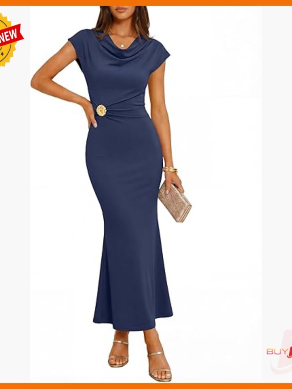 Summer Cowl Neck Bodycon Dress Cap Sleeve Ruched Midi Wedding Guest Cocktail